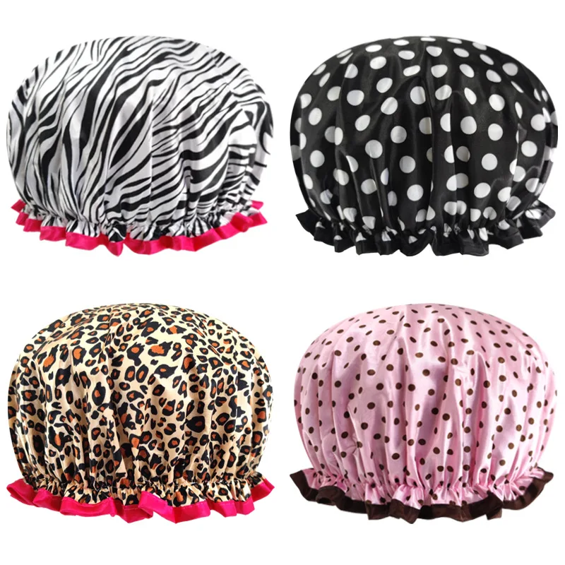 Leopard Print Double Layer Waterproof Shower Cap - Reusable and Elastic Hair Cover