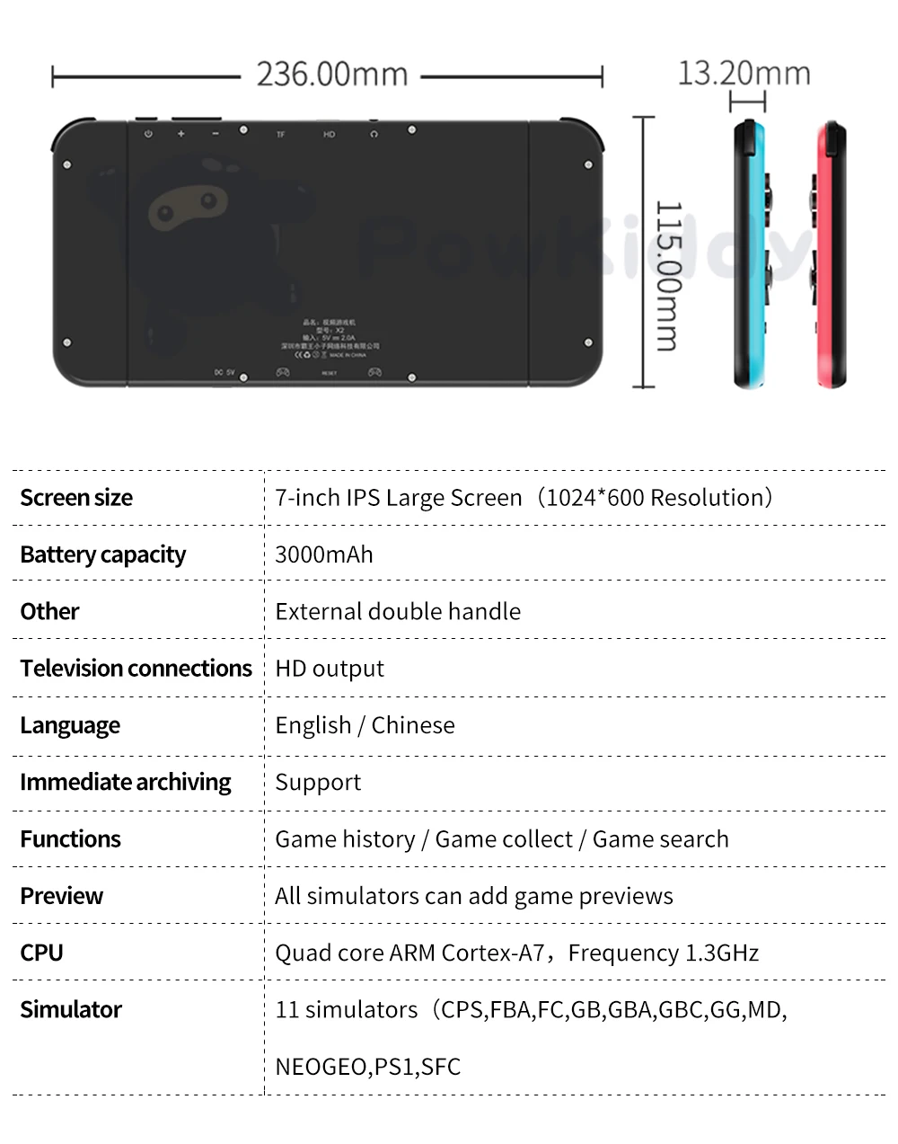 NEW POWKIDDY X2 7 "IPS Screen Handheld Game Console Built-in 11 Simulator PS1 3D Game Retro Arcade Ultra-thin Console 2500 Games