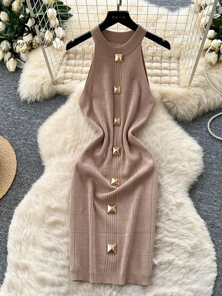 SINGREINY Sleeveless Workwear Knitting Dress Fashion Halter Metal Button Plaid Casual Classy Summer Bodycon Elastic Ladies Dress 3