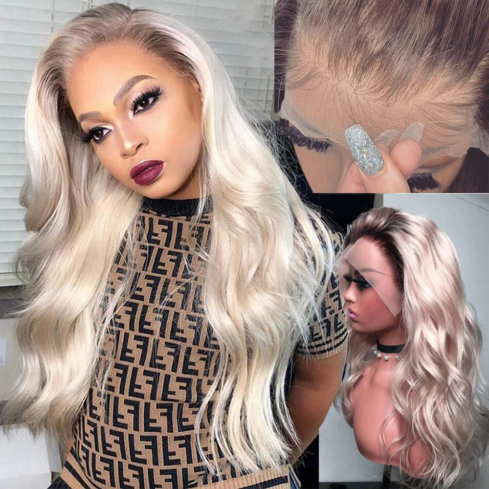 Ombre Ash Blonde Wigs for women human hair Brown roots 360 Body Wave blonde Wig Colored Pre Plucked HD Transparent swiss Lace