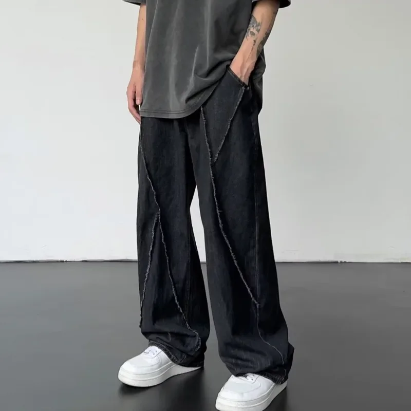 2024 New Summer Jeans Men Patchwork Denim Trousers Male Oversize Loose Casual Wide-leg Pants Streetwear Harajuku Clothing