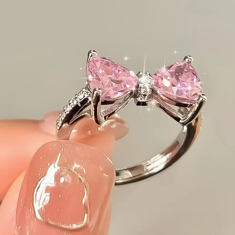 New Blue Crystal Rings Romantic Pink Heart Bowknot Shiny Ring for Women Y2K Accessories Fashion Trendy Sweet Girls Party Gifts