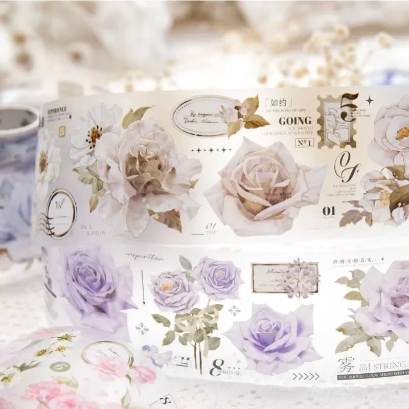 1Roll Rose Literary flowers handbook DIY material PET tape decorative loop stickers Apocalyptic Adhesives Scrapbook 60mm*2m 4