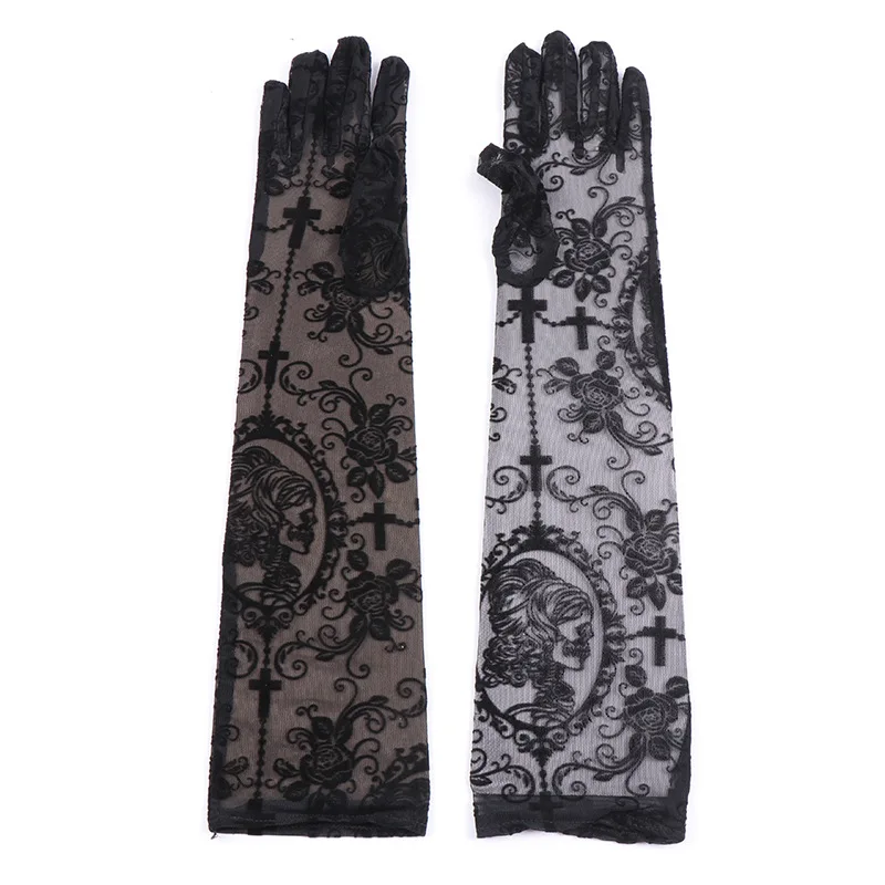 New Black Skeleton Flowers Printing Women Sexy Mesh Transparent Elasticity Long Gloves Performance Halloween Cosplay Accessories