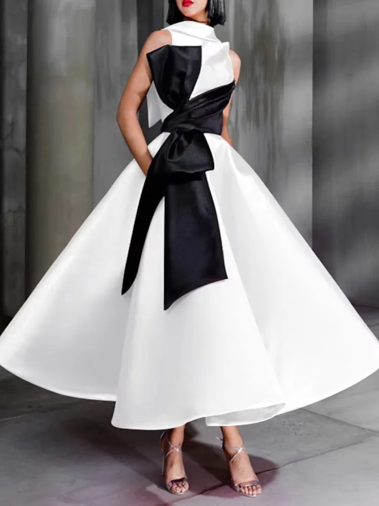 

Elegant Formal Evening Dresses Color Block High Neck Sleeveless Ankle Length Satin with Bows Celebrity Style Prom Party Gown