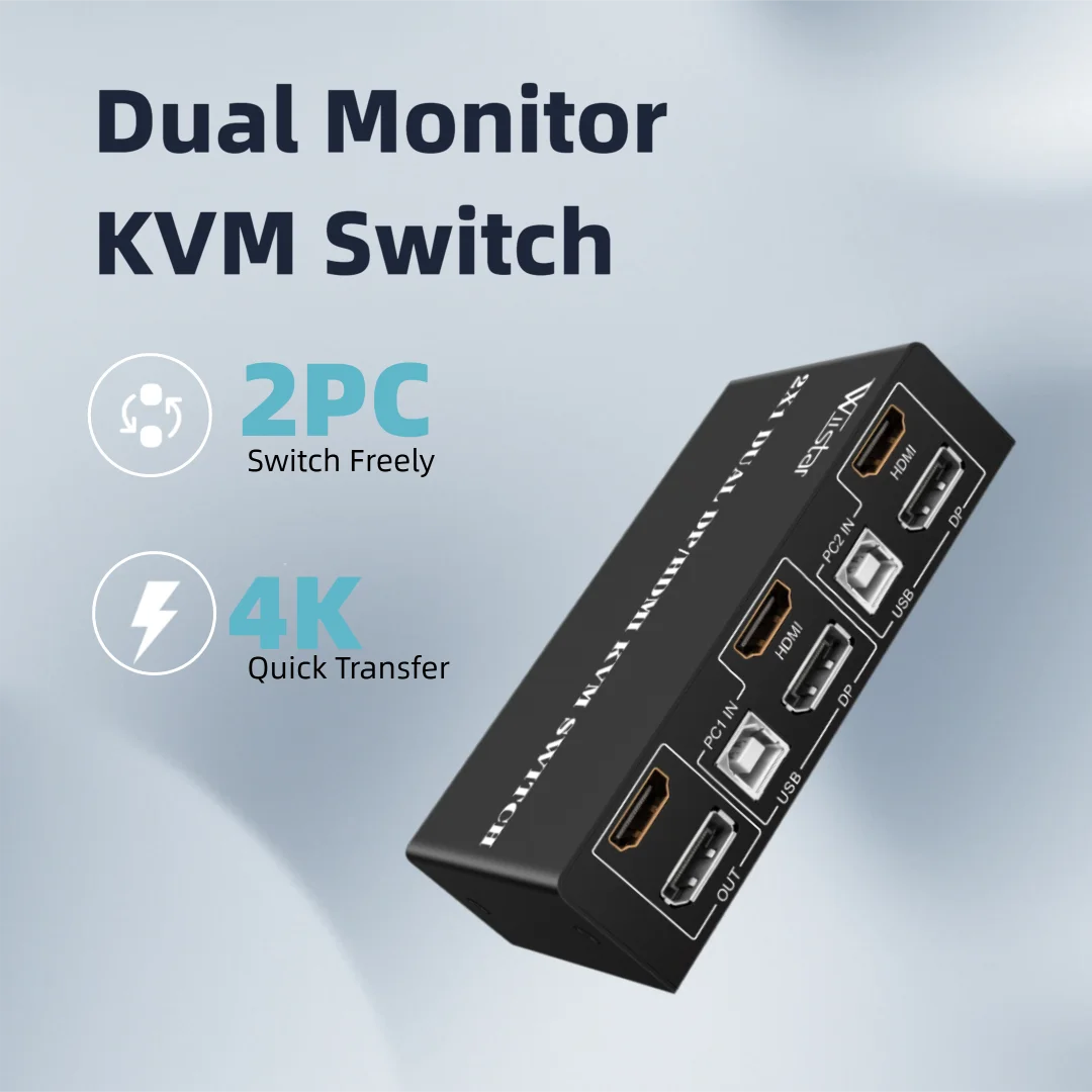 Commutateur KVM double moniteur 2x1, HDMI et DP 4K 60Hz, 2 commandes PC, 1 clavier, souris, Hub USB pour Mode étendu ou miroir