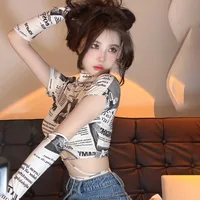 Y2K Newspaper Print Slim Shirt For Women  Vintage Club Sexy Bandage Expose Navel Korean Version Sexy Crop Tops Female - Image 3