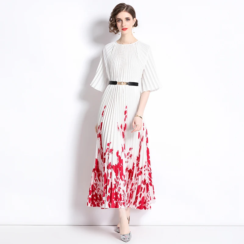 

Runway Summer Designer Maxi Dress Women O-Neck Bat Sleeve Flower Print Lace Up Belt Pleats Holiday Boho Long Vestidos Robes