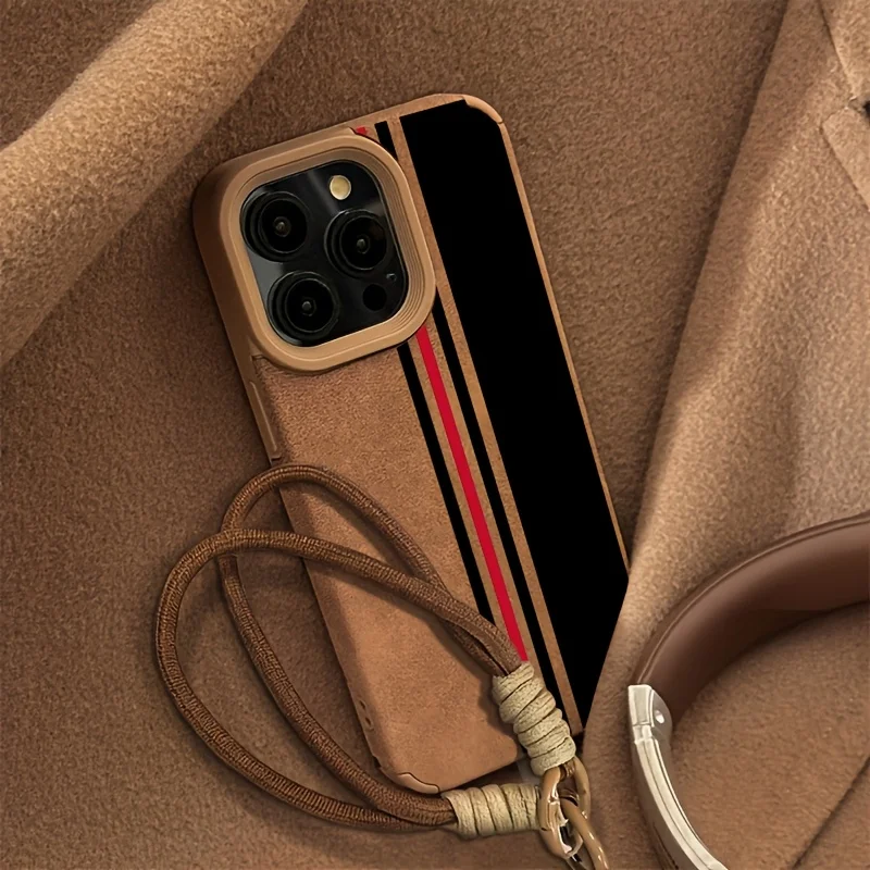 Luxury Black and Red Stripe Leather Wrist Strap Phone Case with Lanyard Feature