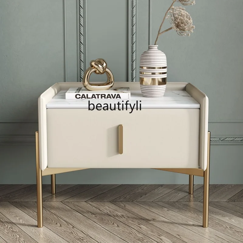 

Italian Minimalist Leather Bedside Table Bedroom Post-Modern Light Luxury Solid Wood Cabinets chest of drawers for bedroom