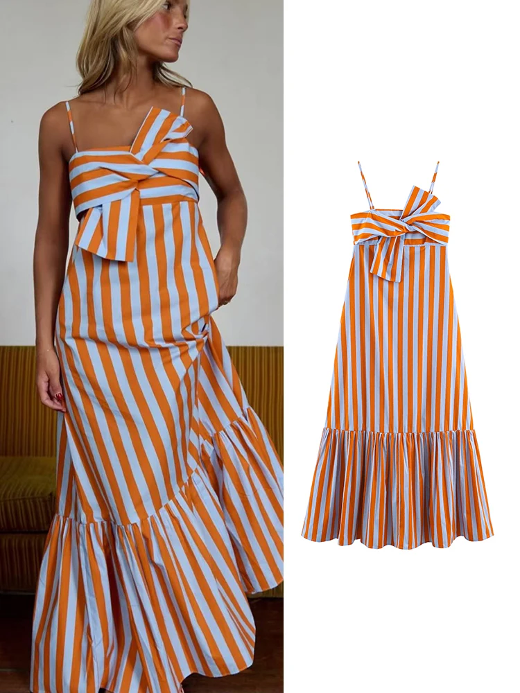 TFMLN Robe longue chic pour femme, imprimé rayures, sans manches, avec nœud sur le devant, coupe ample, dos nu, idéale pour les vacances