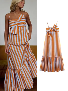 TFMLN Robe longue chic pour femme, imprimé rayures, sans manches, avec nœud sur le devant, coupe ample, dos nu, idéale pour les vacances