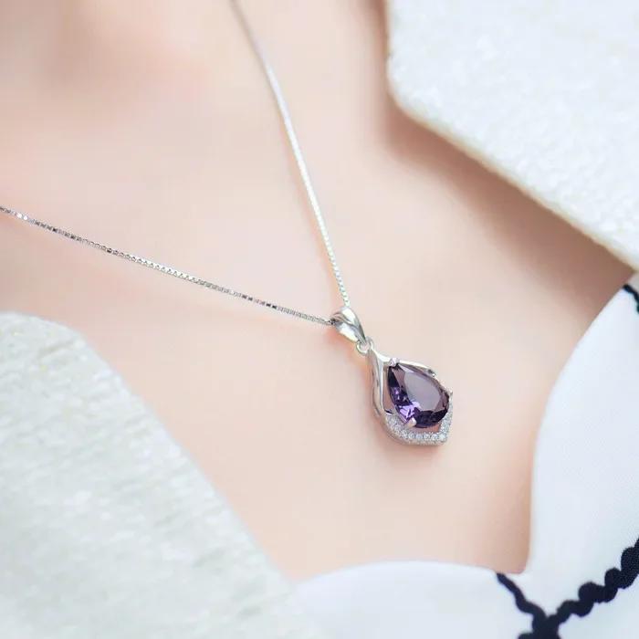 Natural Amethyst S925 Silver Necklace Female Pendants Clavicle Chain Accessories Peridot Gemstone pendant necklace silver necklace