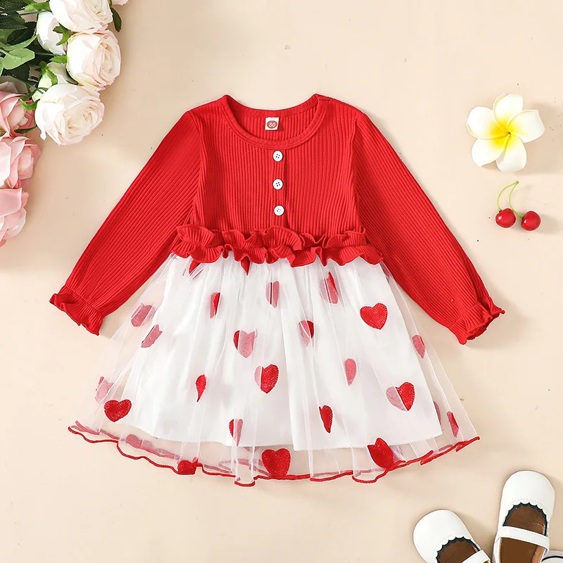 

0-4Y Baby Girls Casual Dress Valentine s Day Long Sleeve Ruffle Heart Print Tulle Tutu Mesh Dresses Kids Clothes