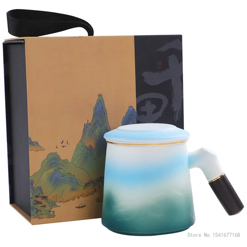 China Creative Gradient Color Ceramic Mug, Tea Cup Water Separation, Office Cup, Wooden Handle with Lid, Home Personal Gift, 1Pc