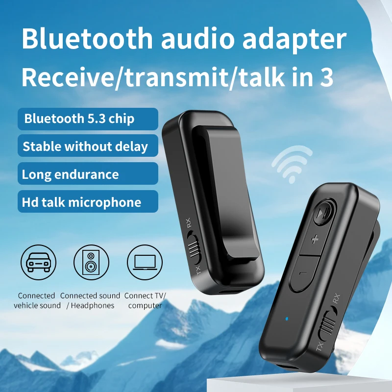 2-In-1 Bluetooth 5.3 Audio Transmitter Receiver 3.5MM AUX Collar-Clip With MIC Wireless Adapter For Car Airplane TV PC