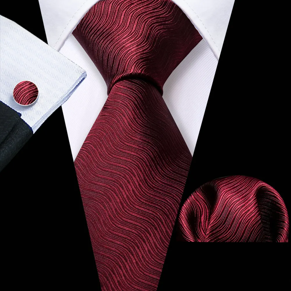 

Fashion Red Solid Wave Men Silk Necktie Brooches Men Tie Handkerchief Cufflinks Sets Men Gift Barry.Wang Designer