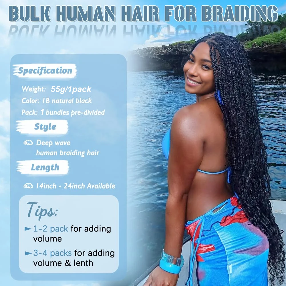 28 30 inch Deep Wave Boho Braids Bulk 55g/110g Human Hair Bulk Braiding Hair Extensions Brazilian Virgin Curly Hair for Braiding 2