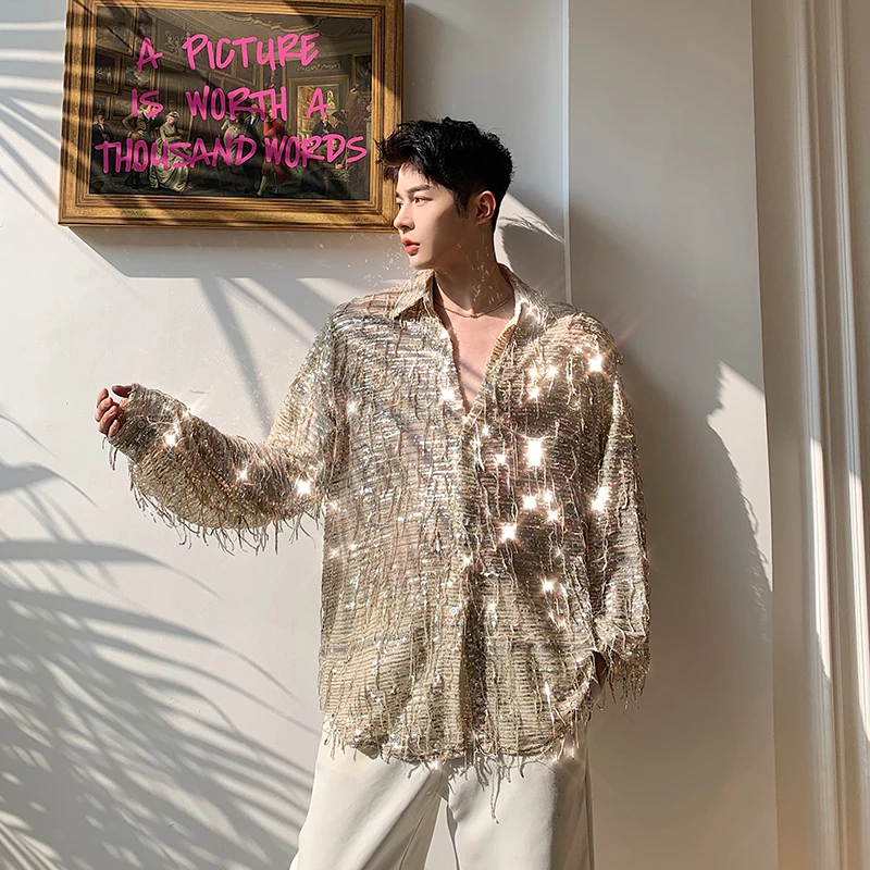 Men shirts Long sleeve Streetwear Men Shirt Cargo Vintage Fashion Sequins tassel Stage Show Dress Shirt Oversized Blouse