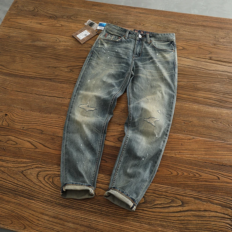 Red Selvedge Denim Jeans for Men High Quality 12.5oz Tapered Straight Pants WHISKER Painting Washed American Vintage Y2k 512 2