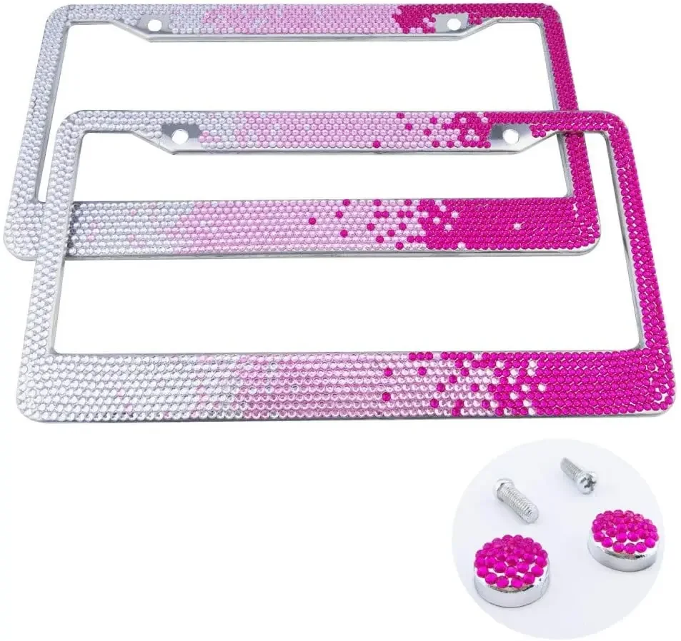 

2Pcs The Gradient Pink Pure Handmade Rhinestones Stainless Steel License Plate