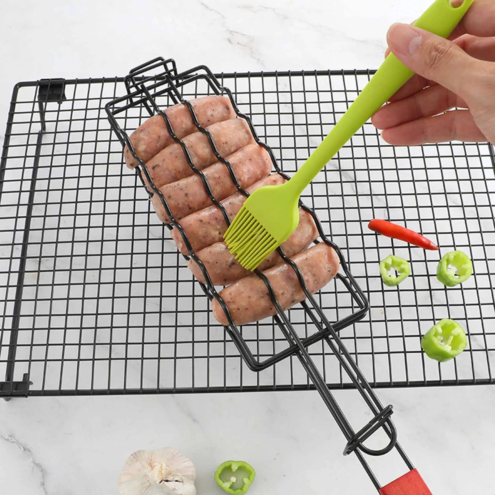 Hot Dogs Grilling Basket Folding Metal Barbecue Sausage Rack Grill Basket for Grilling Vegetables Seafood Diced Meat Outdoor