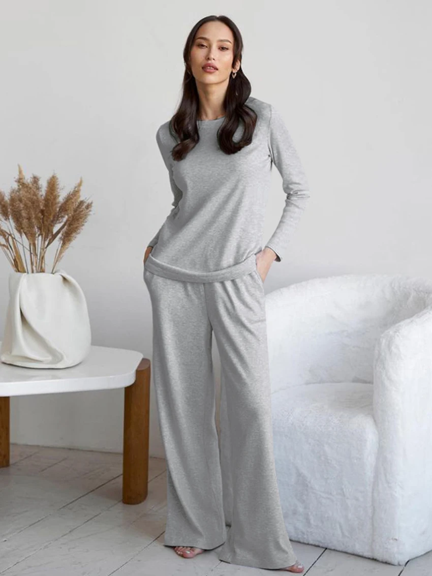 Marthaqiqi Casual Femme Home Clothes O-Neck Sleepwear Long Sleeve Nightgowns Wide Leg Pants Women Autumn Nightwear 2 Piece Suits