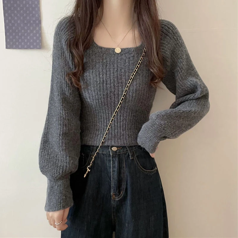 

CNACNOO супер удобные кашемировые свитера, женский тонкий короткий вязаный джемпер с квадратным воротником, женский свитер с рукавом-фонариком, пуловер