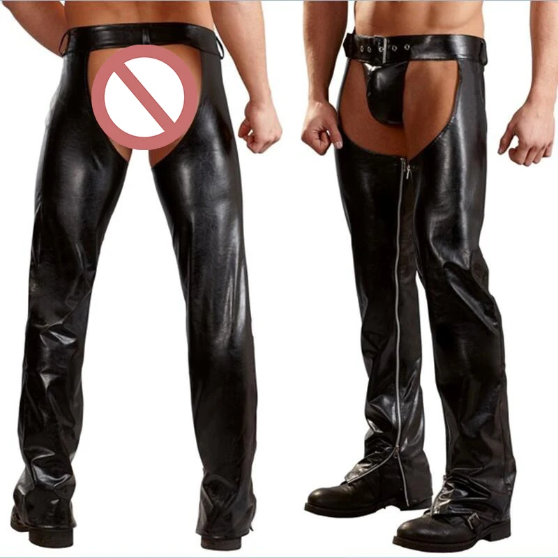 

Vintage Black Cowboy Chaps Faux Leather Motorcycle Riding Pants for Men and Women Sexy Stage Club Crotchless Pants with Thongs