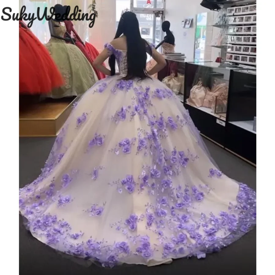 

Сиреневое Лавандовое платье для Quinceanera, платье принцессы с открытыми плечами и 3D цветами, милые платья для 16 выпускного вечера, корсет с аппликацией, платья для 15 лет