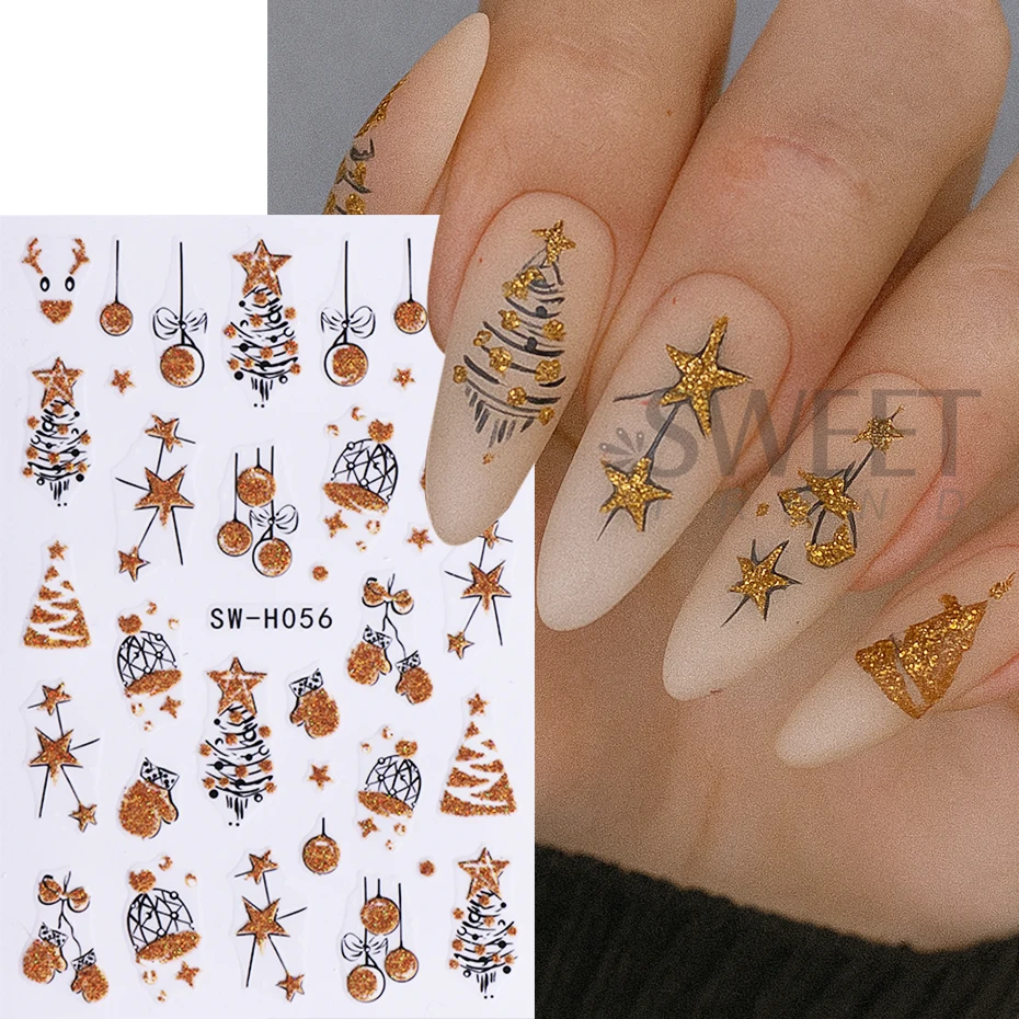 2pcs Cartoon Christmas Nail Stickers Glitter Gold Snowflake Reindeer Glove Xmas Tree Nail Slider Decals DIY Manicure Decoration