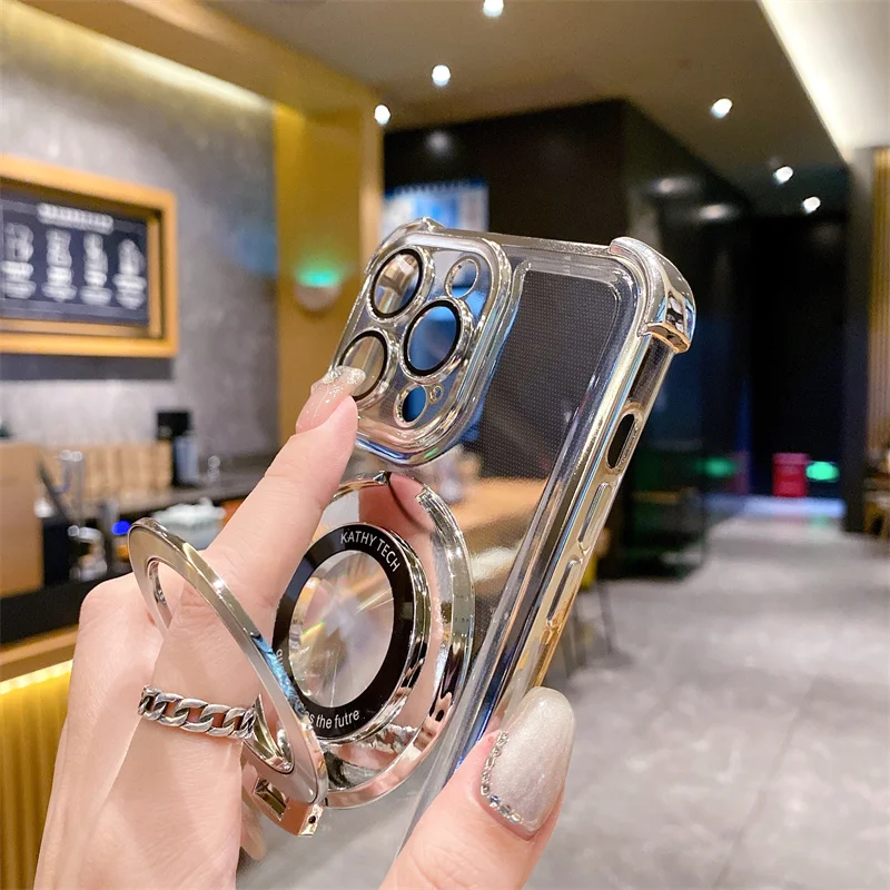 Luxury Plating Shockproof Magnetic Stand Clear Phone Case with Holder