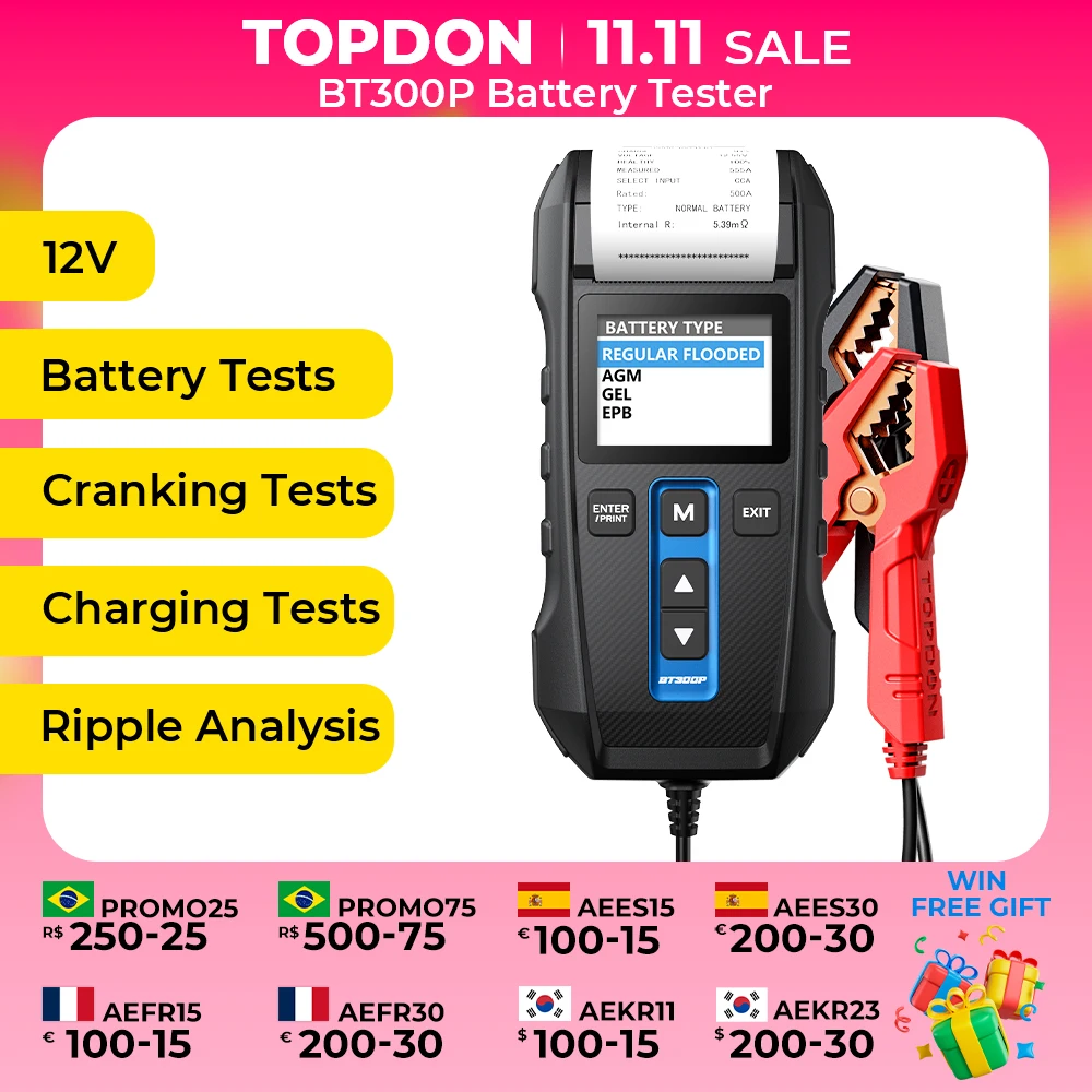 TOPDONBT300PCarBatteryTesterwithPrinter12VDigitalCharging