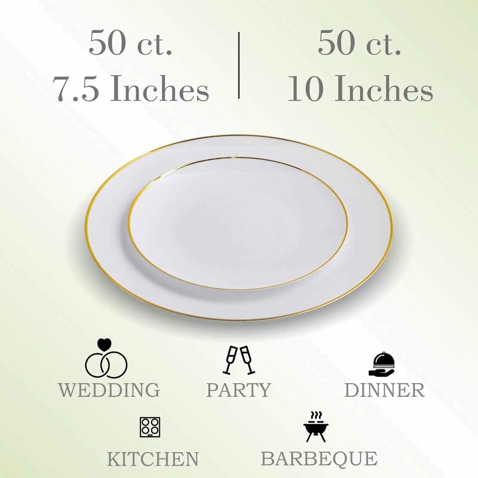 US 100 PCS Disposable Plastic White Plates Combo 50 7.5 In. Gold Rim Appetizer/Dessert Plastic Plates And 50 10 In. Gold Rim