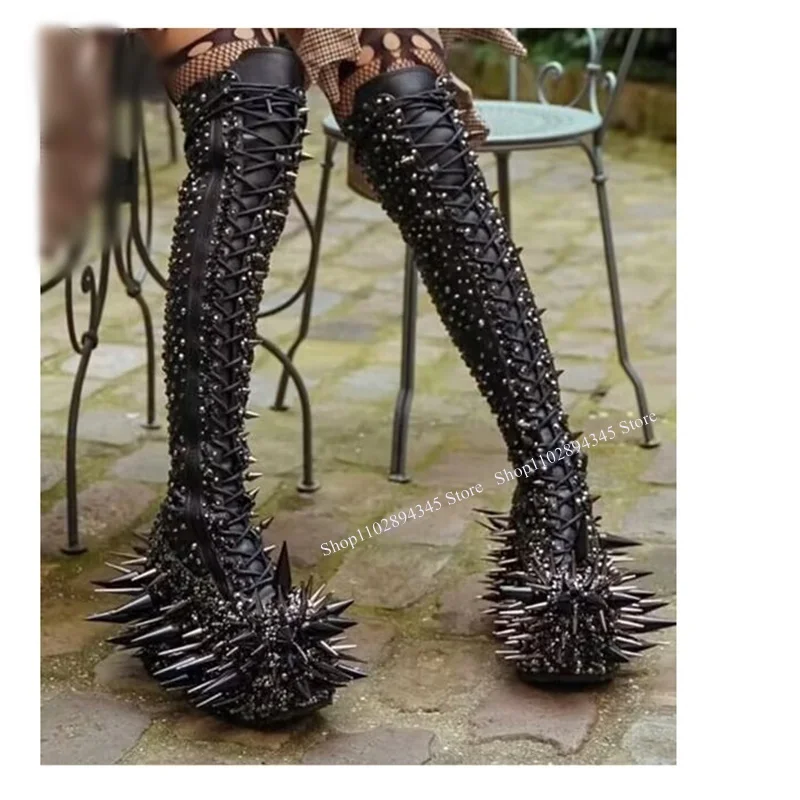 

Black Rivet Knee High Diamond Lace Up Boots Wedge Platform Cool Fashionable Novel Sexy Woman Shoes Winter Party Zapatillas Mujer