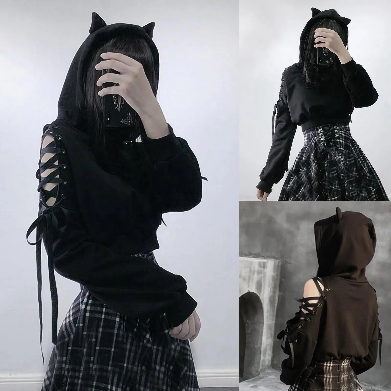 

Harajuku Bandage Cropped Hoodies Tracksuit Sweatshirts For Teen Girls Kawaii Cat Ear Jackets Pocket Drawstring Hoody Sudaderas
