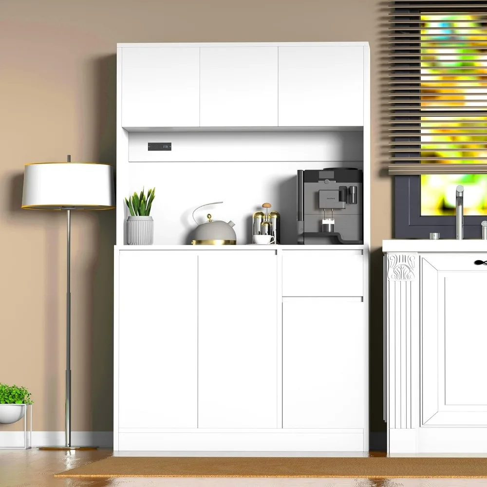 71" Tall White Kitchen Pantry Cabinet,Kitchen Pantry Storage Cabinet with Power Outlet,Freestanding Kitchen Hutch w/ countertop 4