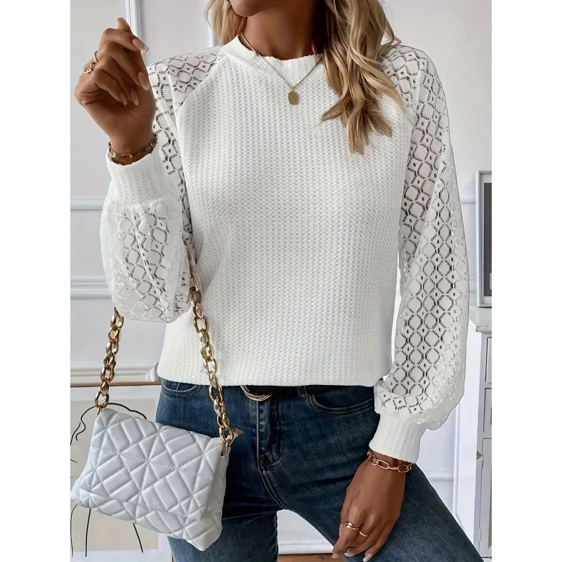 

2023 New Autumn Fashion Solid Color Round Neck Lace Panel Long Sleeve Temperament Commuter Loose Fit Women's Unique Casual Top