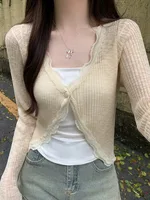 Lace Trim One Button Long Sleeve Crop Top Women Short Sleeve Open Front Ribbed Knit Cardigan Sweater Summer Fairycore Outfit - Image 5
