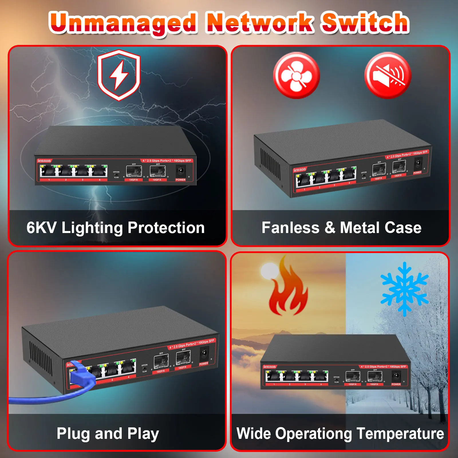 Switch de Rede Ethernet para Câmera ip ap sem Fio Sistema de Câmera Cctv Portas Switch Gigabit 2.5g 10g Sfp - Imagem 2
