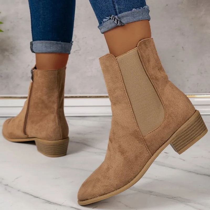 

Women's Winter Frost Chelsea Ankle Boots Pointed Toe Stretch Fabric Casual Boots 2024 Autumn Fashion Short Boots Botas De Mujer