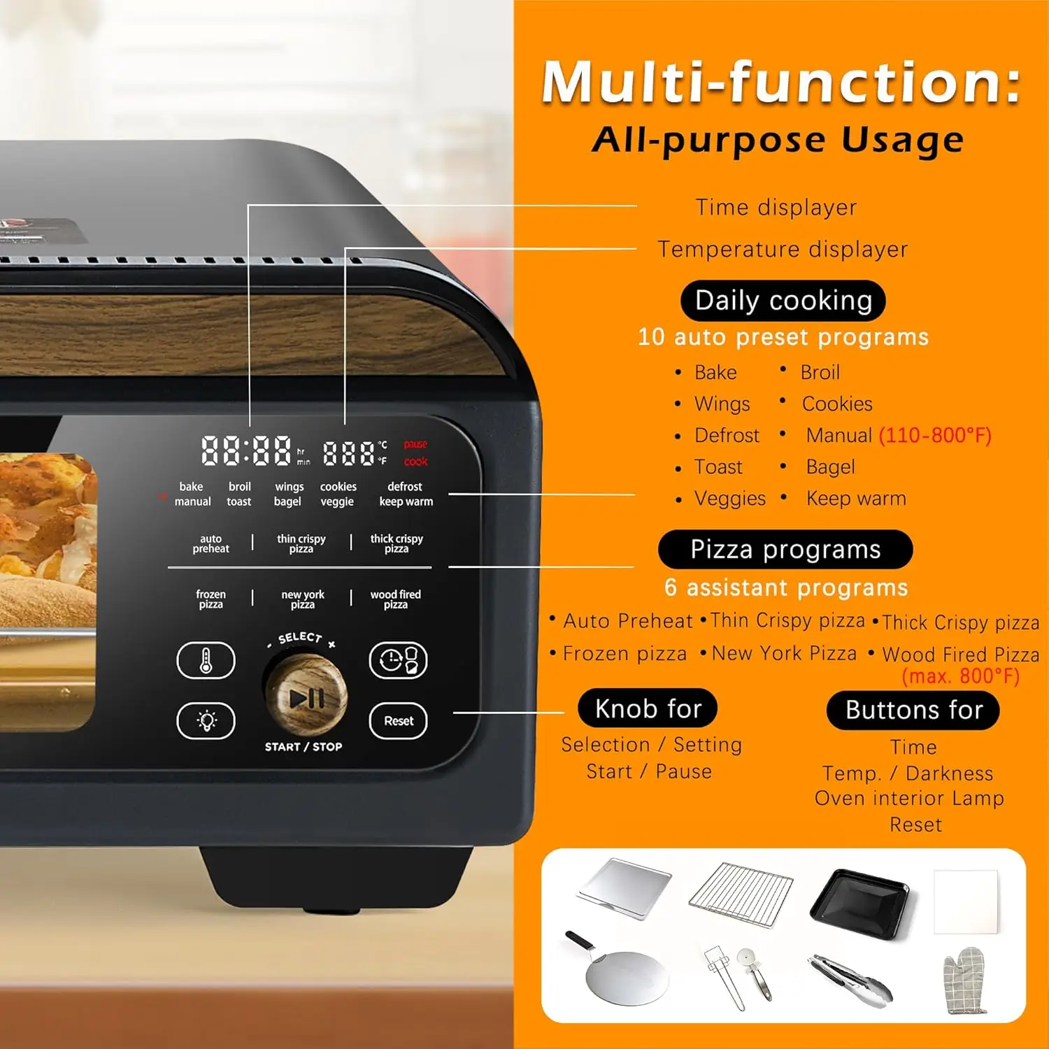 Electric Pizza Oven with 800&deg;F Make Pizza in Minutes, 12&rdquo; Portable Countertop Versatile Oven for Indoor & Outdoor,