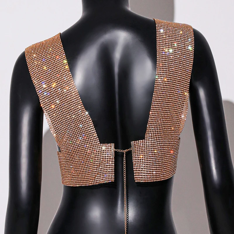 2025 sommer Diamant Metall Weste Tank Tops Frauen Sexy Oberbekleidung Strass Backless Tanks & Camis Weibliche Straße Crop Top Schmuck – Detail 11