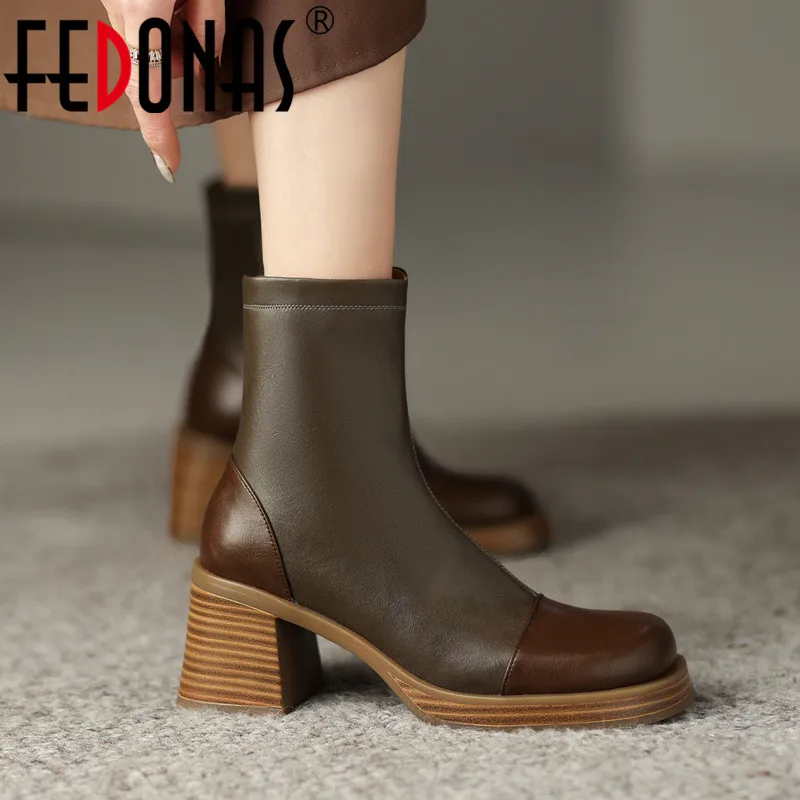 FEDONAS Splicing Women Ankle Boots Side Zipper Thick Heels Casual