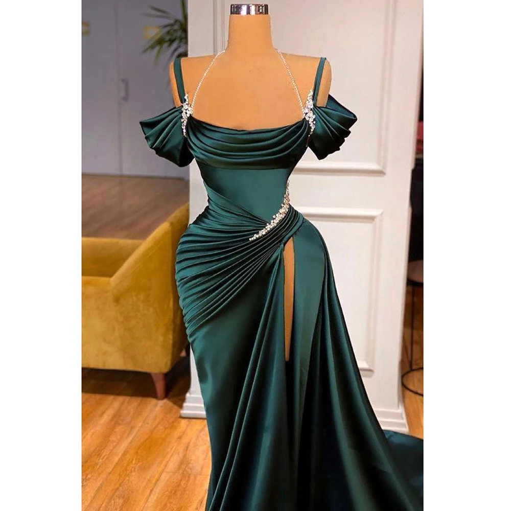 Vintage Dark Green Satin Evening Dresses Scoop High Split With Pleat  Crystal Off The Shoulder Strapless Mermaid Formal Occasion