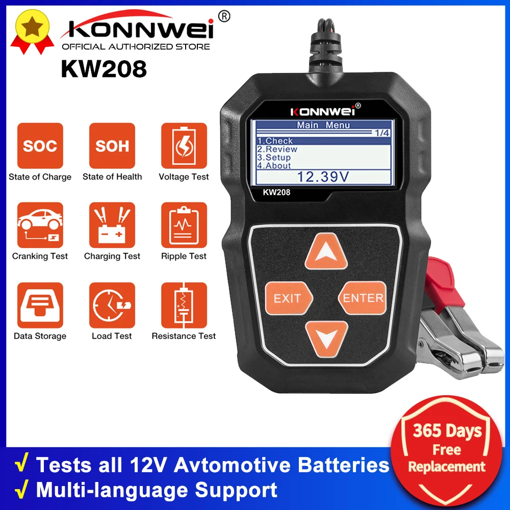 Konnwei Kw208 Car Battery Tester 12v 100 To 2000cca Cranking Charging ...