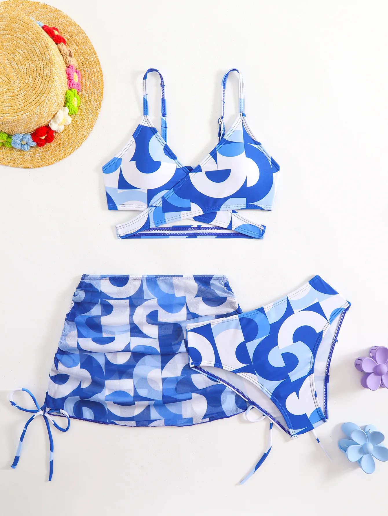 3pcs Swimming Suit for Girls Summer Beach Dress Swimsuit Tie-dye Printed Skirted Bikini Set Kids Bathing Suit