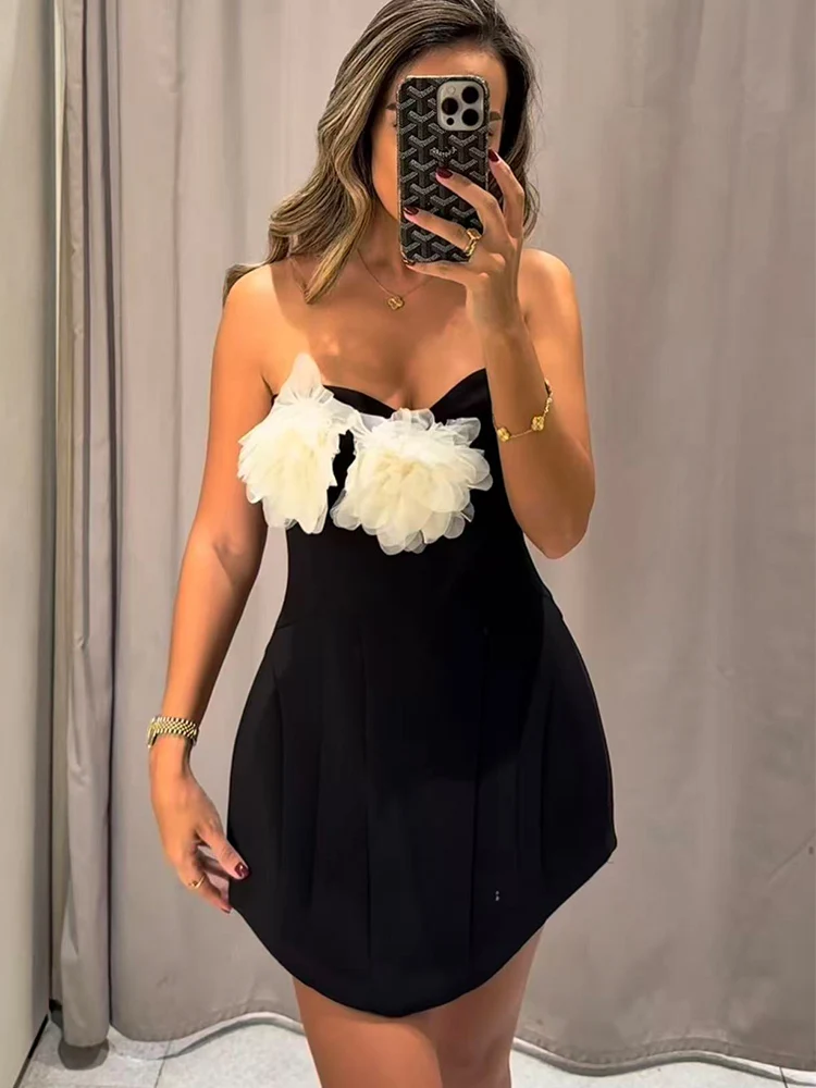 Women's Slim Short Dress Chic Elegant Three-Dimensional Flower Decoration Strapless Dress Summer New Ladies Club Party Wear