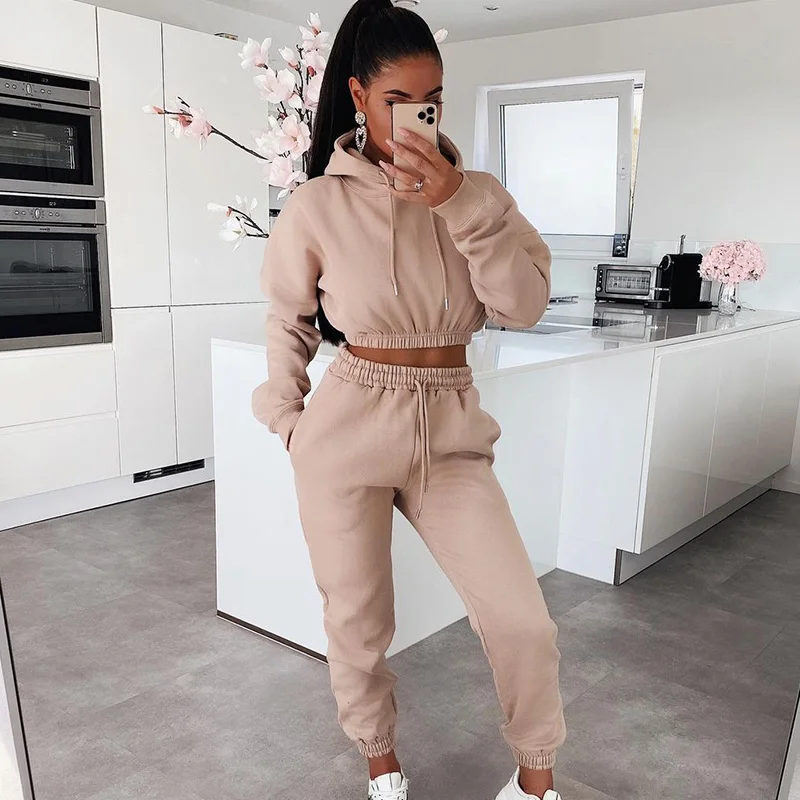 Autumn Winter Tracksuit Women Two Piece Set Long Sleeve Hooded Crop Top and Drawstring Pocket Pants Sporty Fitness Matching Sets