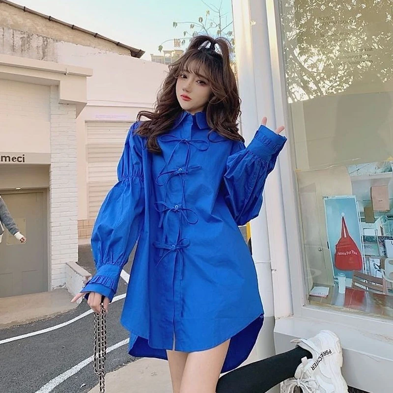

Fashion Elegant Office Ladies Shirt Klein Blue Bandage Bow Top Design Chic Shirt Korean Loose Solid Color Shirt